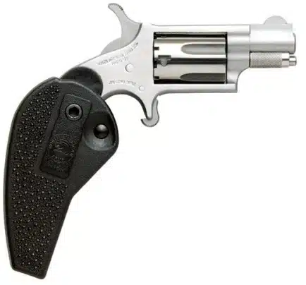 Compact silver revolver with black grip, ideal for concealed carry and personal protection.