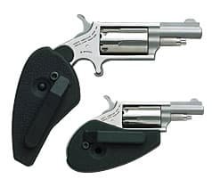 Sleek compact revolvers with chrome finish and textured black grips for personal defense.