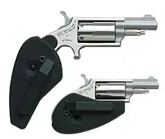 Sleek compact revolvers with chrome finish and textured black grips for personal defense.