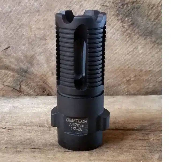 Gemtech 7.62mm muzzle device for enhanced firearm performance and reduced muzzle rise.