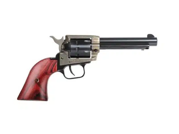 Classic chrome revolver with wooden grip, six chambers, blending elegance and functionality.