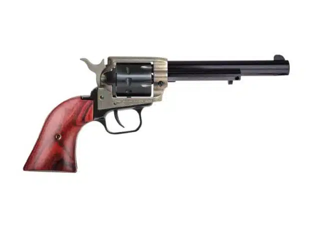 Classic Wild West revolver with sleek black barrel and ergonomic red grip, perfect for collectors.