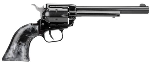 Classic glossy black revolver with artistic marbled grip, perfect for collectors and enthusiasts.