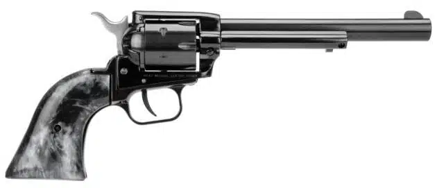 Classic glossy black revolver with artistic marbled grip, perfect for collectors and enthusiasts.