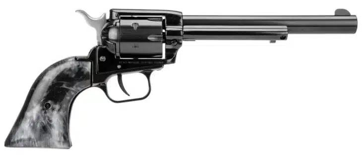 Classic glossy black revolver with artistic marbled grip, perfect for collectors and enthusiasts.