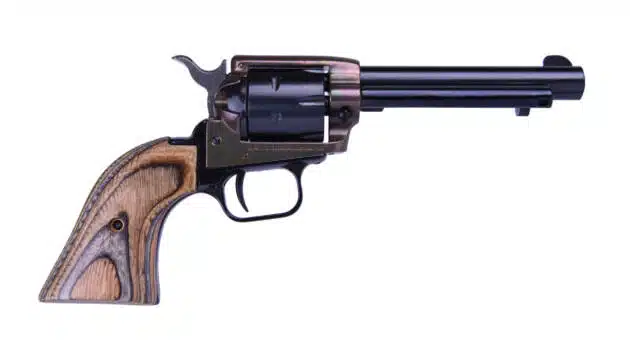 Classic black revolver with wooden grip, showcasing exceptional craftsmanship and timeless Wild West elegance.