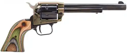 Classic western revolver HERR22CH6 with polished barrel and unique multi-toned wooden grip.