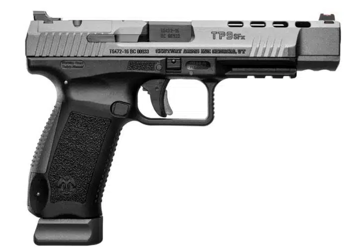 TP9 semi-automatic handgun with two-tone finish, ergonomic grip, and accessory rail for versatility.