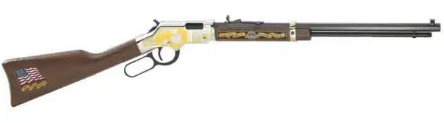 Classic lever-action rifle with dark wood stock, engravings, and American flag emblem for collectors.