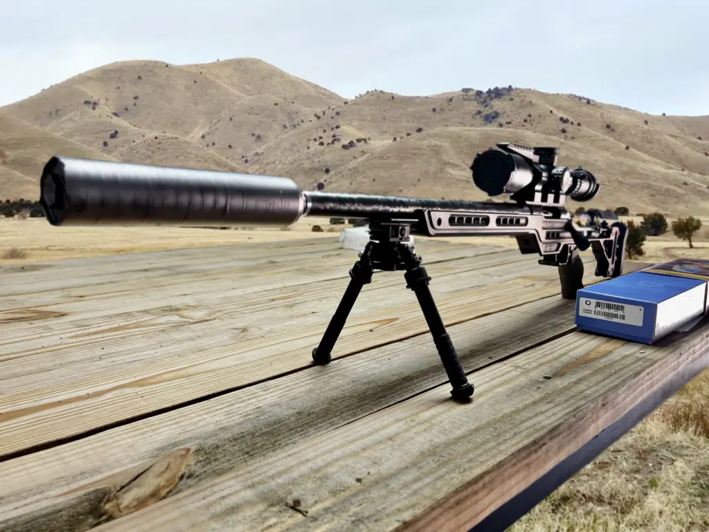 Sleek high-precision rifle with suppressor and scope, ready for long-range shooting in nature.