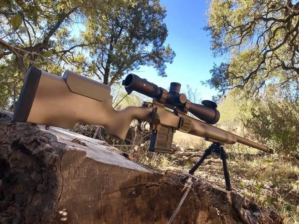 Precision rifle on a tree stump in a tranquil outdoor setting with dappled sunlight.