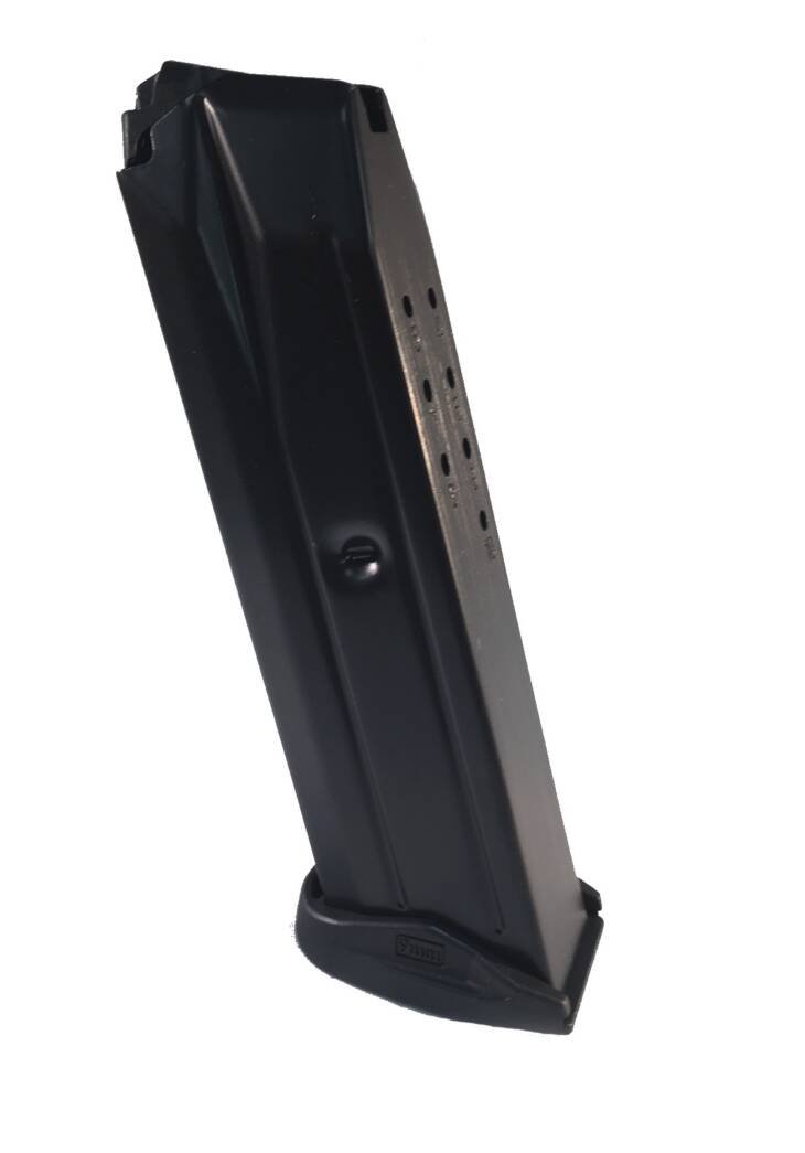 Durable metal handgun magazine with ergonomic design for quick reloading in semi-automatic pistols.