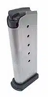Durable silver handgun magazine with ergonomic design for quick, reliable reloads and optimal performance.