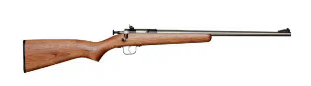 Elegant bolt-action rifle with polished barrel and wooden stock for precision shooting and comfort.