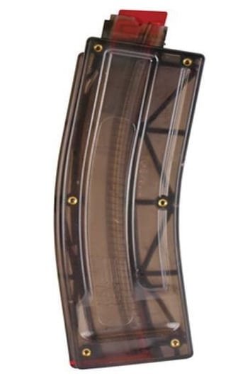 High-capacity curved magazine with translucent design for rifles, ideal for sport and tactical use.