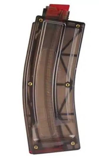 High-capacity curved magazine with translucent design for rifles, ideal for sport and tactical use.