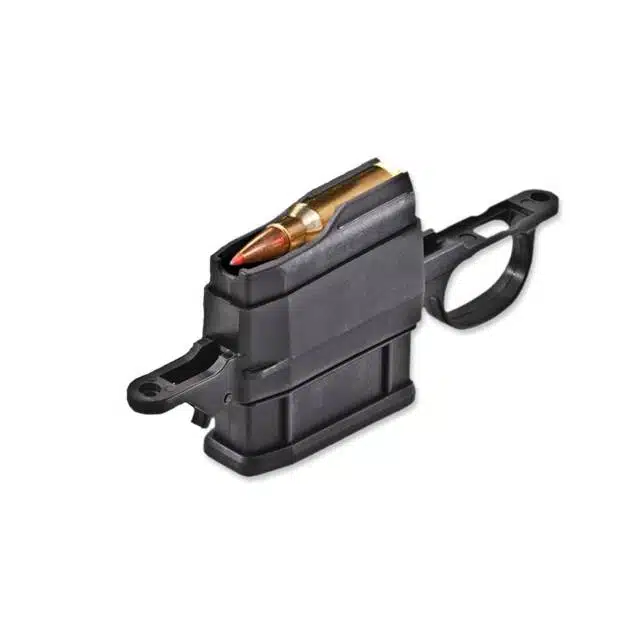 Durable LSATIK5R223 polymer firearm magazine with .223 ammo, designed for quick loading and reliable use.
