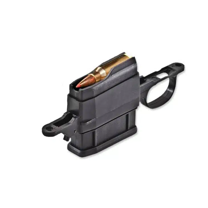 Durable LSATIK5R223 polymer firearm magazine with .223 ammo, designed for quick loading and reliable use.