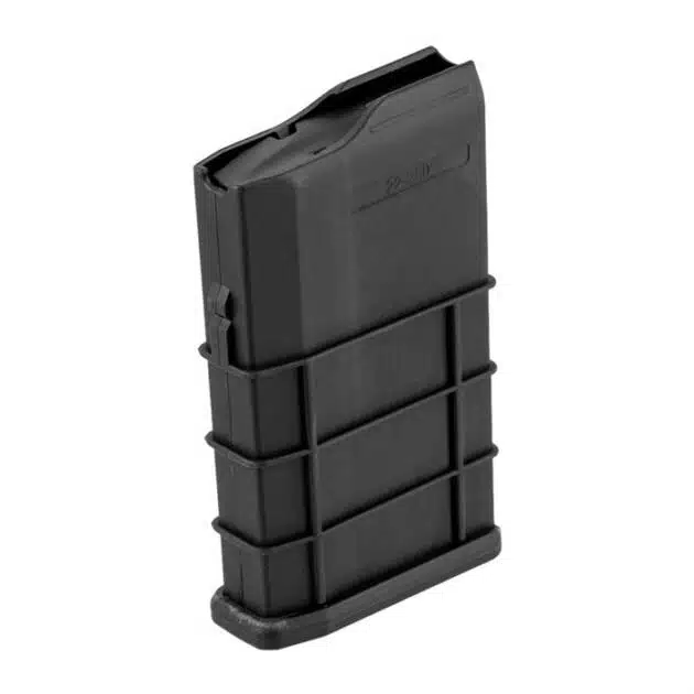 Durable black .223 caliber magazine with ergonomic grip and round visibility for reliable performance.