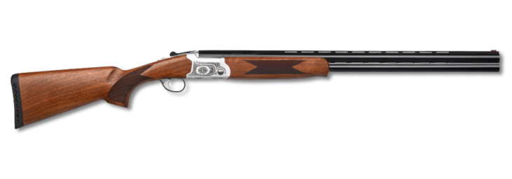 Elegant over-and-under shotgun with hardwood stock, matte barrels, and polished silver action.