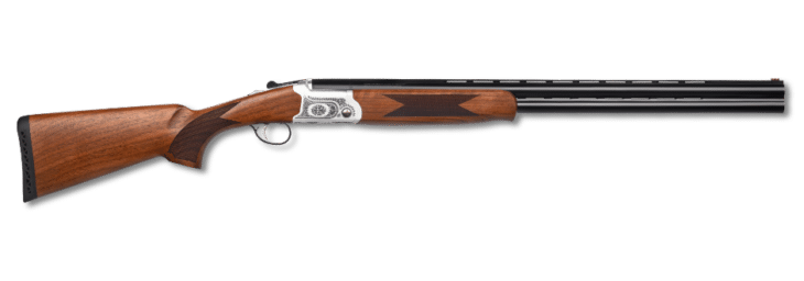 Elegant engraved shotgun with dark wood stock, perfect for collectors and hunting enthusiasts.