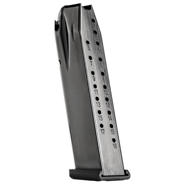 Durable 18-round metal magazine for semi-automatic pistols, featuring a matte finish and easy ammo checks.