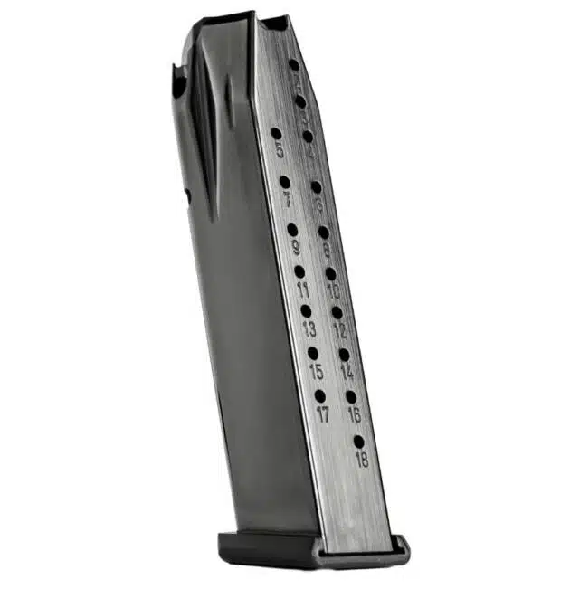 Durable 18-round metal magazine for semi-automatic pistols, featuring a matte finish and easy ammo checks.