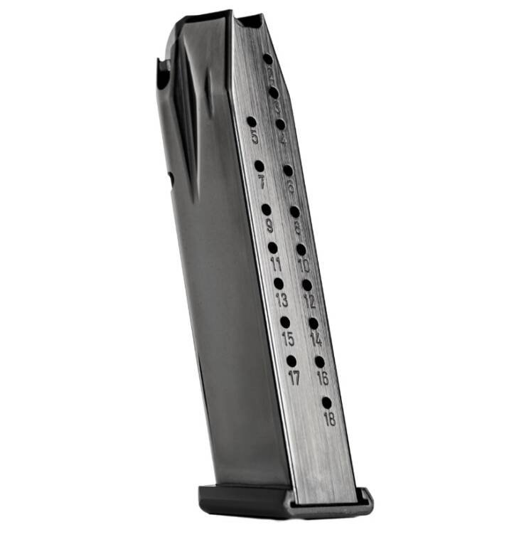 Durable 18-round metal magazine for semi-automatic pistols, featuring a matte finish and easy ammo checks.