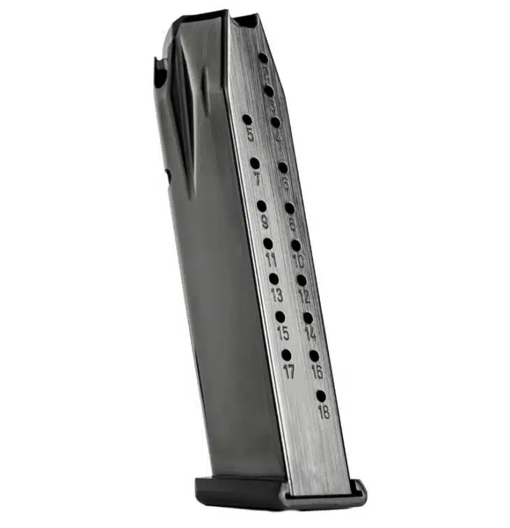 Durable 18-round metal magazine for semi-automatic pistols, featuring a matte finish and easy ammo checks.