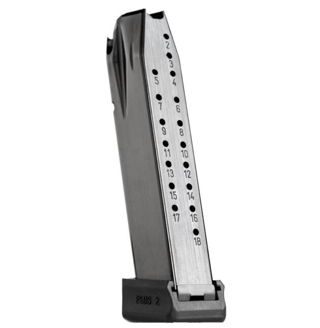 MA550 stainless steel pistol magazine, 18 round capacity, durable design, ideal for reliable performance.