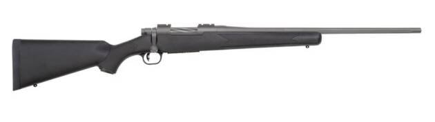 Sleek bolt-action rifle with stainless steel barrel and ergonomic matte black synthetic stock.