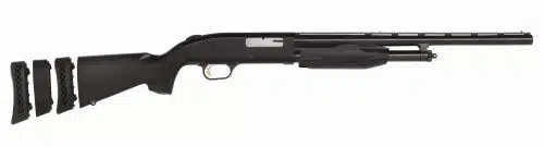 Tactical pump-action shotgun with matte finish, customizable rail, and quick-reload magazine holders.