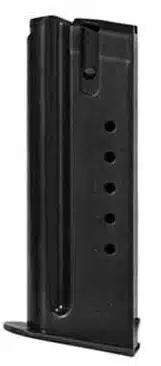 Compact black metal magazine for firearms, holds 6-10 rounds with numerical slots for easy tracking.