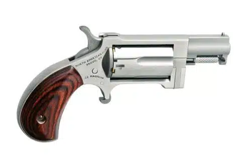 Sleek NAA-SW stainless steel revolver with wood grip for personal defense and collectors.