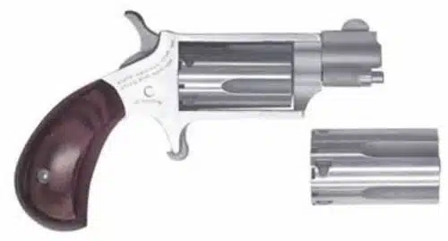 Sleek silver revolver with wooden grip, combining classic craftsmanship with modern functionality.