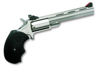 Polished metal revolver with textured grip and adjustable sight for precision shooting.