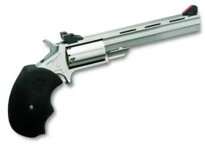 Polished metal revolver with textured grip and adjustable sight for precision shooting.