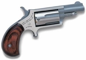 Compact NAA 22M revolver with wood grip, sleek design, ideal for personal defense and shooting.