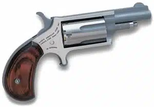 Compact NAA 22M revolver with wood grip, sleek design, ideal for personal defense and shooting.