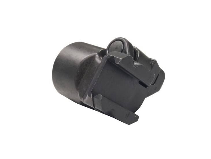 Durable black metal adapter for precision machinery, featuring grooves and pivoting design for reliable use.