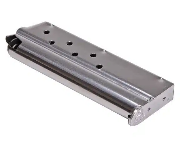 Sleek stainless steel firearm magazine with viewing holes for easy ammo tracking and reliable performance.