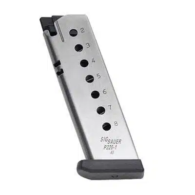 Stainless steel magazine for Sig Sauer P226 with polymer base, 15-round capacity and witness holes.