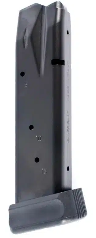 High-capacity metal firearm magazine with ergonomic design and quick round visibility for semi-automatic use.