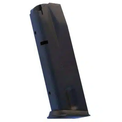 Tactical black firearm magazine with round indicators, designed for reliability and ergonomic insertion.