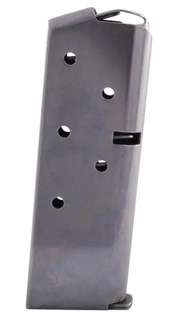 Sleek silver-gray firearm magazine with capacity indicators for efficient ammo tracking and handling.