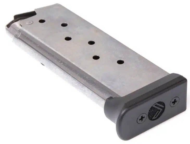 Durable metal magazine for semi-automatic pistols with round indicators and removable floor plate.