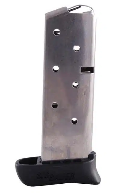 Polished steel semi-automatic pistol magazine with inspection holes and durable black polymer base.