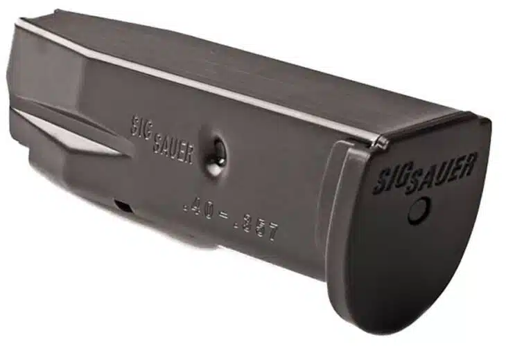 High-capacity SIG Sauer magazine with durable metal design and quick round visibility feature.