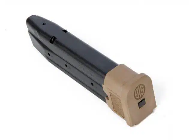 Dual-tone pistol magazine with durable metal body and ergonomic polymer baseplate, Model F921COY.