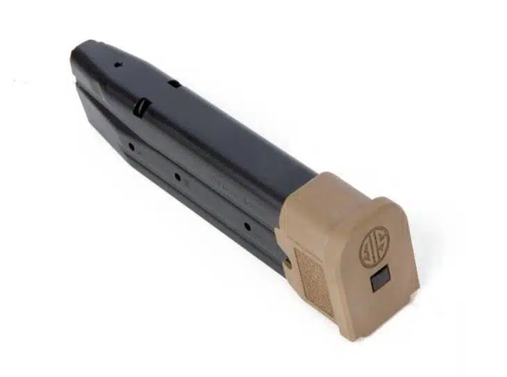 Dual-tone pistol magazine with durable metal body and ergonomic polymer baseplate, Model F921COY.